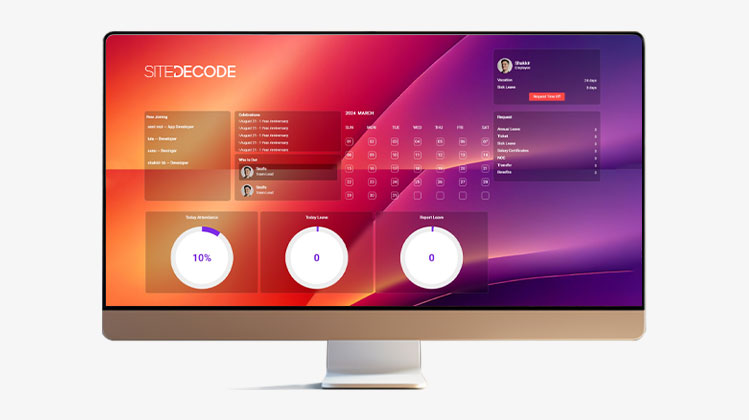  HRMS software dashboard by SITEDECODE with vibrant UI showing employee data, attendance tracking, and performance insights – best HRMS and payroll software.