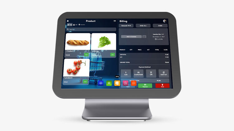 Desktop interface of a smart POS billing system with real-time product selection and invoice generation – best POS software for a restaurant in India.