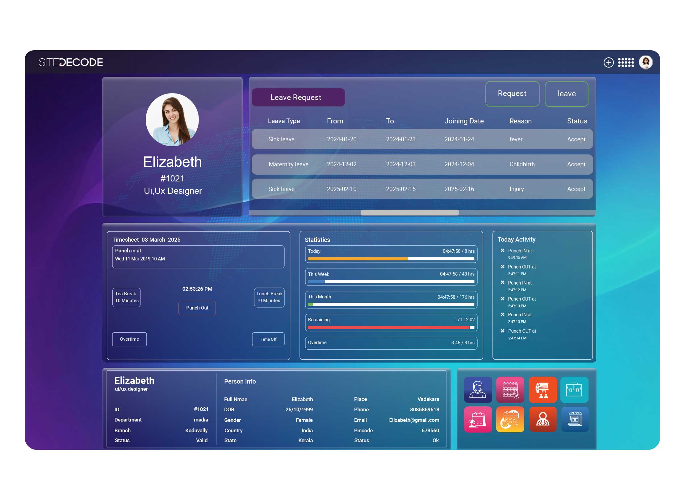 SITEDECODE HRMS user interface with real-time leave request, timesheet, and employee data – best free HRMS software.