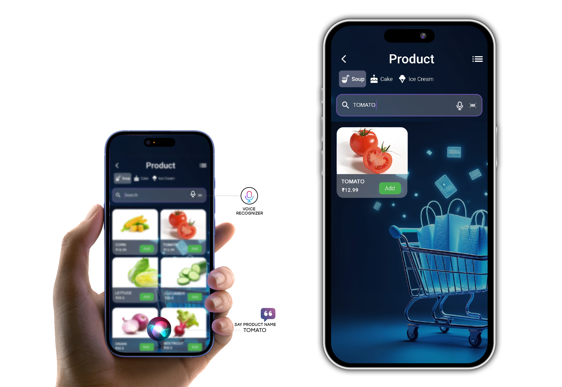 Voice-enabled smart POS system for mobile devices, created by SITEDECODE and powered by SD Intelligence – allowing users to search products by voice in retail.