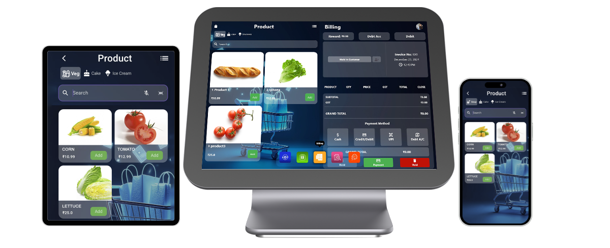 Multi-device view of a smart POS billing software interface with product images and prices displayed on desktop, tablet, and smartphone – best free POS software for grocery stores.
