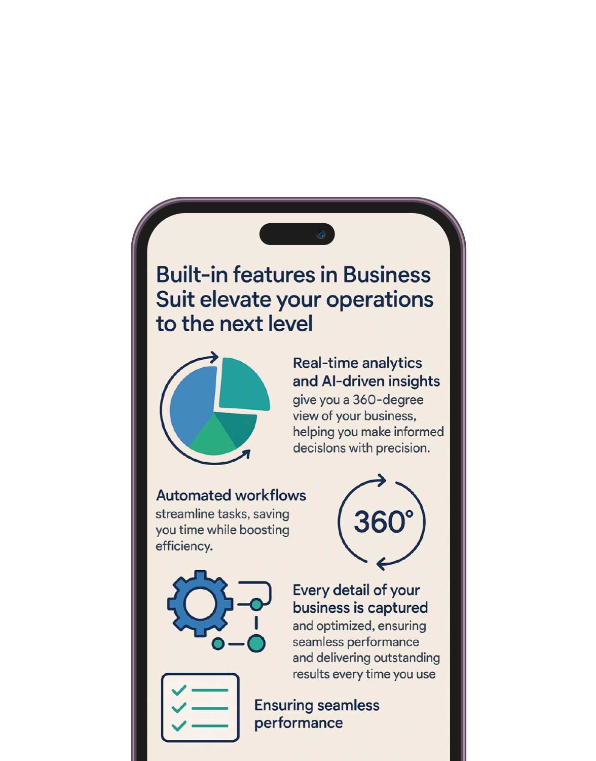 Desktop view of Business Suite's built-in features, including workflow automation and data insights