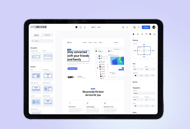 Drag-and-drop website builder software interface by SITEDECODE shown on a tablet, offering templates and layout controls – best AI website builder for small businesses.