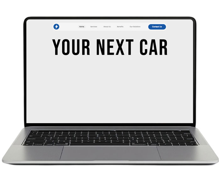 Homepage of a modern car dealership website displayed on a laptop, featuring the bold headline 'Your Next Car' and a sleek blue sports car – AI website builder for startups.